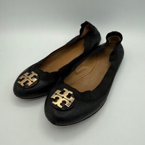 Tory Burch Black Leather Reva Ballet Flats Gold Logo Women's‎ Size 6M